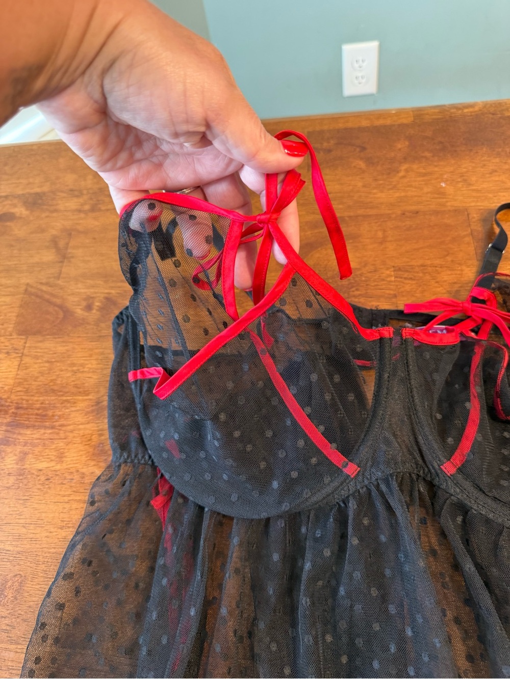 Adore Me Noemi Babydoll Lingerie Top Sz 3X Black Sheer Mesh Red Bows - Picture 2 of 10